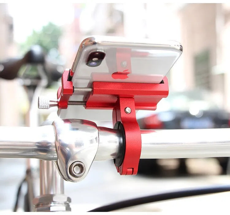 Aluminium bicycle phone holder with 360-degree rotation mounted on handlebars