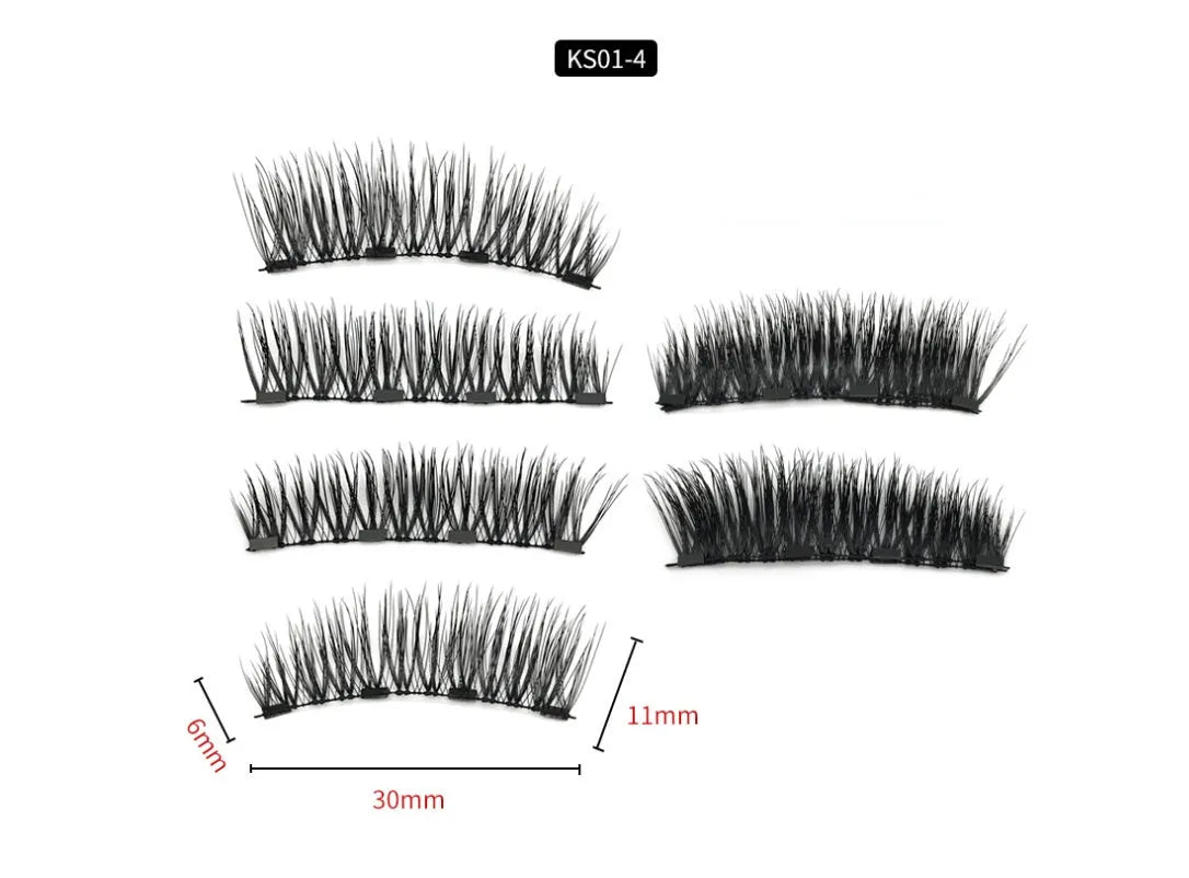 Four magnet false eyelashes in imported fibre with hand made construction and optional eyelash curler