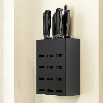 Black aluminium wall-mounted kitchen shelf with chopstick holder, lid rack, tool holder, and glue frame.