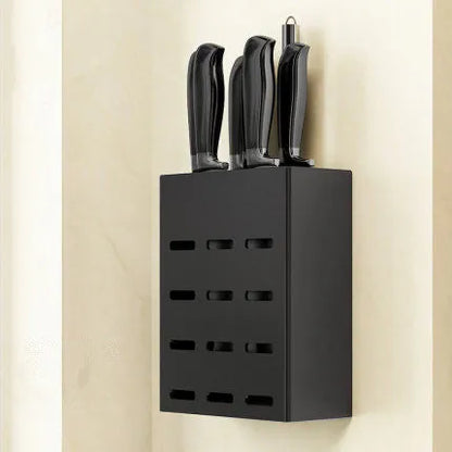 Black aluminium wall-mounted kitchen shelf with chopstick holder, lid rack, tool holder, and glue frame.