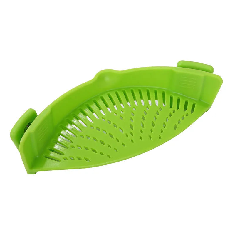 Silicone clip-on pot strainer in multiple colours for draining liquids, with buckle design and uniform hollow pattern