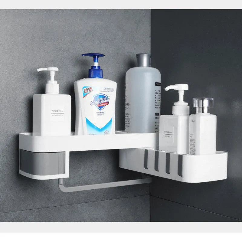 Plastic bathroom corner shelf in black and white or grey and white, designed for a bathroom corner