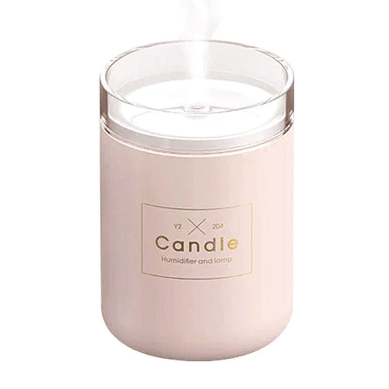 Compact USB-powered mist humidifier with mood light, available in fresh green, rose powder, and black colors