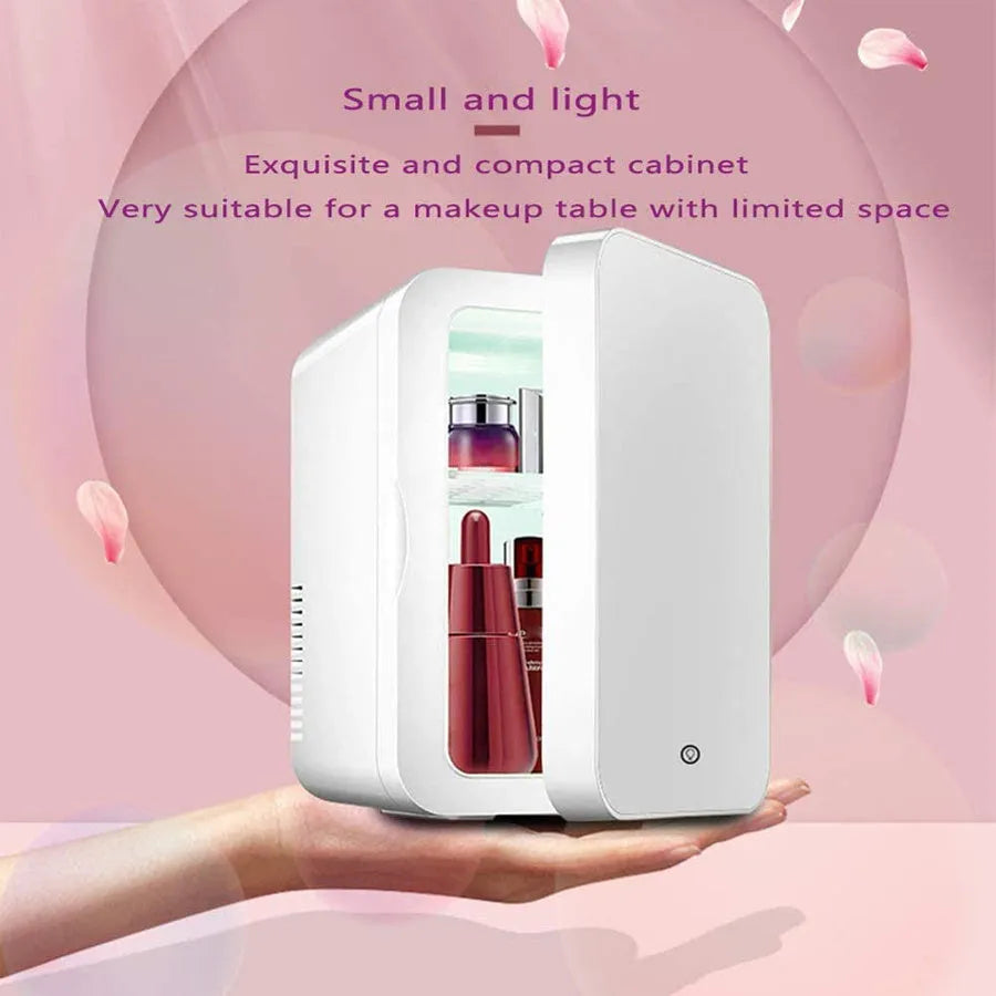 White portable mini cosmetic fridge with removable shelf for cooling and warming skincare products.