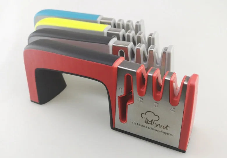 Four-in-one kitchen knife sharpener with 304 stainless steel body and ABS/TPR handle in black colour