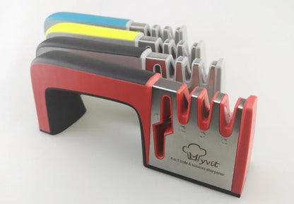 Four-in-one kitchen knife sharpener with 304 stainless steel body and ABS/TPR handle in black colour