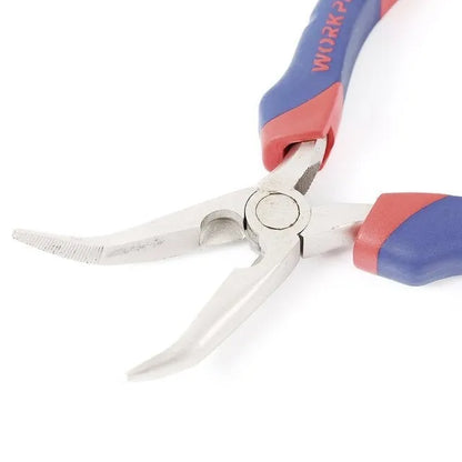 Blue double colour sleeve handle curved nose pliers with tapered jaws for precision work