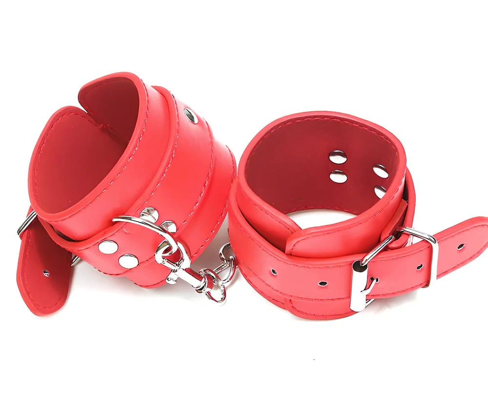 PU leather BDSM handcuffs with adjustable 5-8cm wrist openings and metal buckle