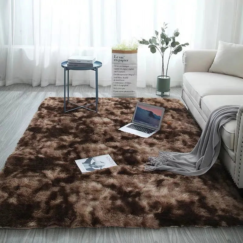 Long pile tie-dyed gradient polyester carpet showing abstract colour transition
