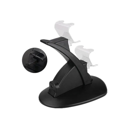 Black Xbox One dual controller charging station with two controllers docked
