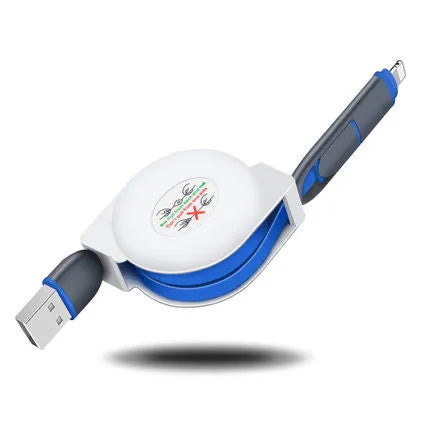 Black telescopic 3-in-1 charging cable with titanium alloy connectors extended on a white background.