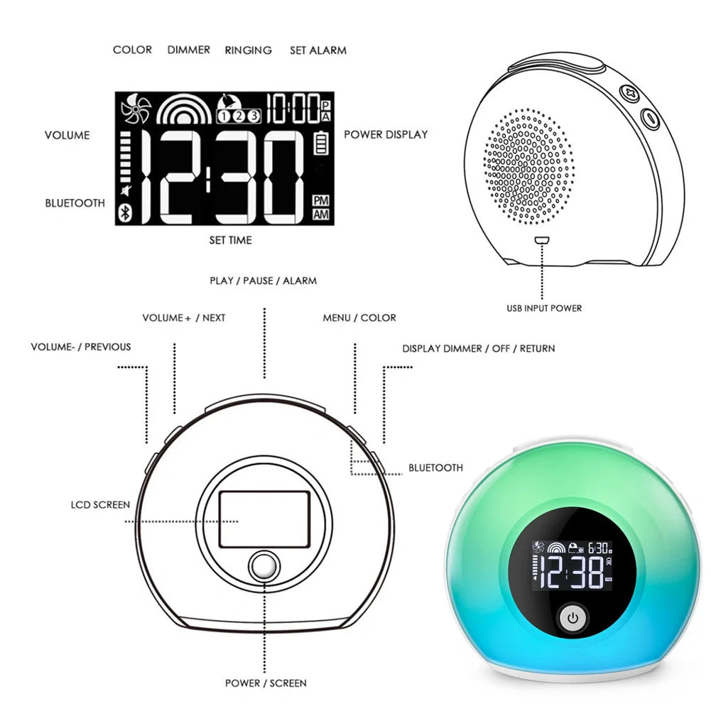 Digital Music Alarm Clock with Bluetooth 5.0 and VA LCD screen in colourful design