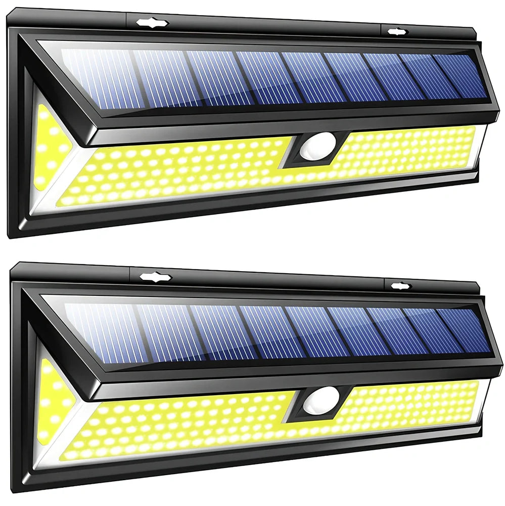118 LED solar PIR motion sensor outdoor light in cold white, 295x105x50mm ABS build with 4400 mAh battery