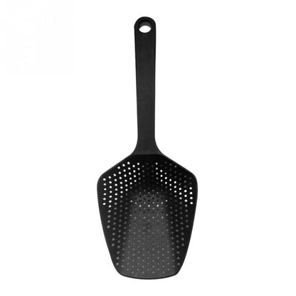 Large black nylon strainer scoop with long handle for draining food from hot pans in the kitchen.