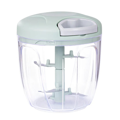 Manual garlic cutter with stainless steel blades in blue, green, or pink colours with transparent collection container