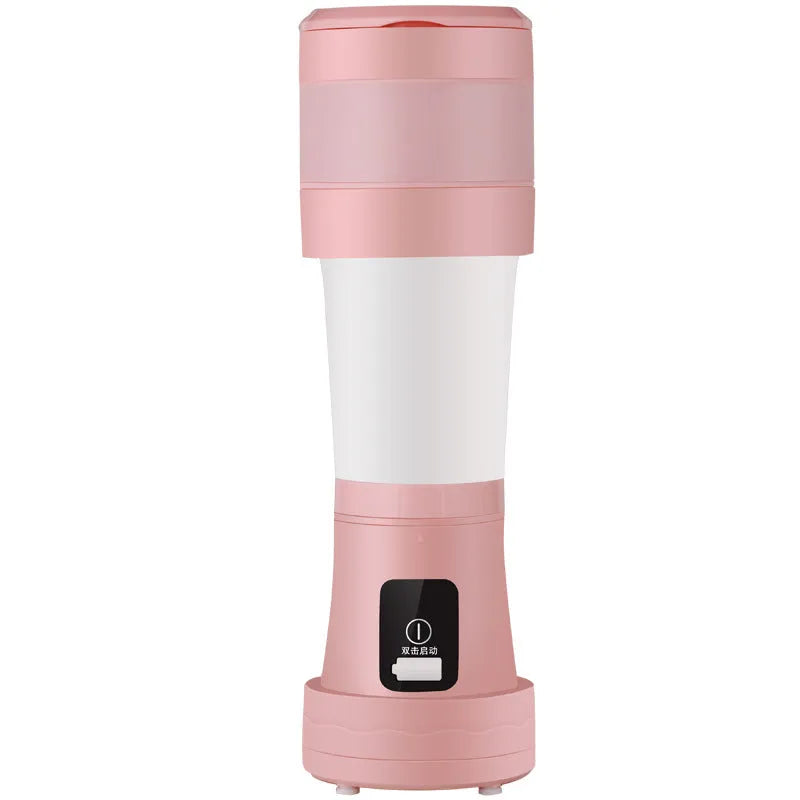 Blue or pink 450ml portable blender with folding design, stainless steel blades, and USB charging port