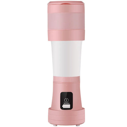Blue or pink 450ml portable blender with folding design, stainless steel blades, and USB charging port
