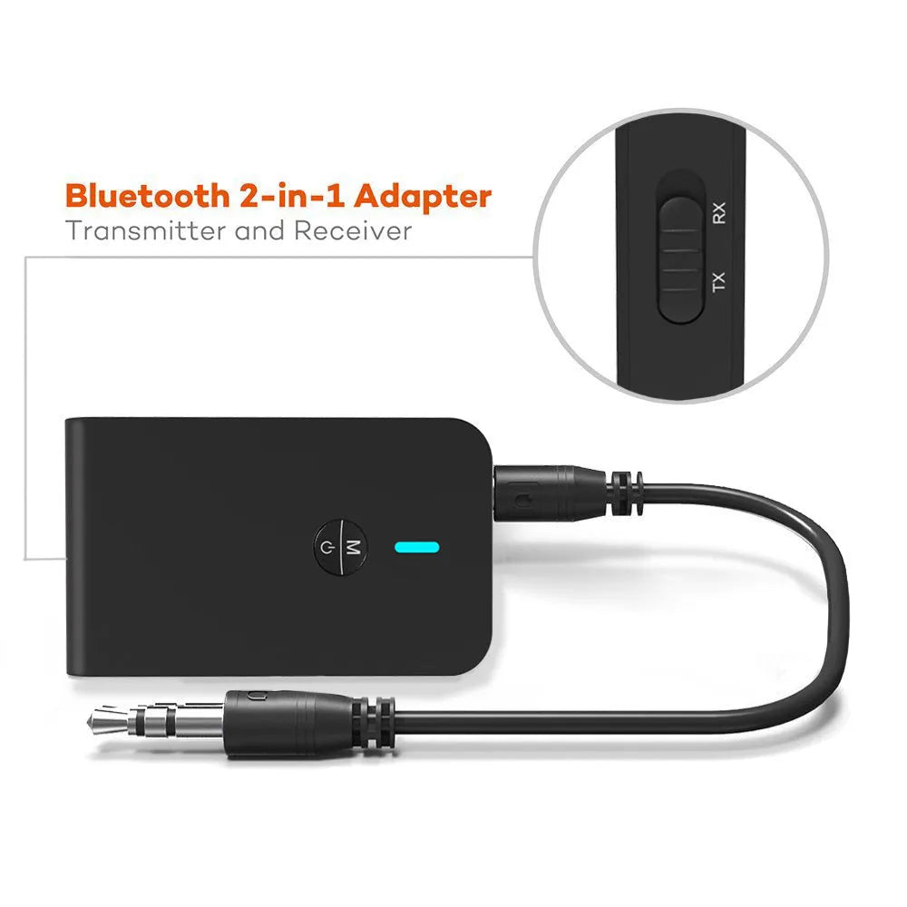 Black Bluetooth audio adapter with 3.5mm AUX cable for wireless music streaming.