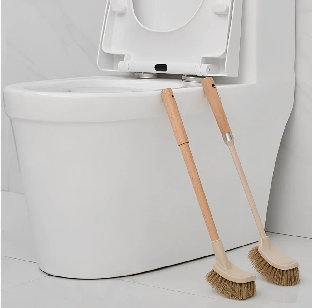 Wooden handle toilet brush with 360-degree bristle coverage for complete toilet cleaning