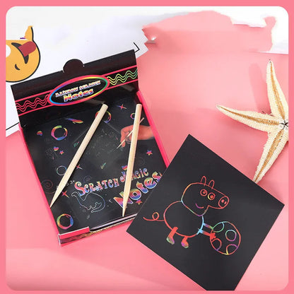 Colourful trumpet scratch art painting kit with 100 rainbow patterned sheets in gift box