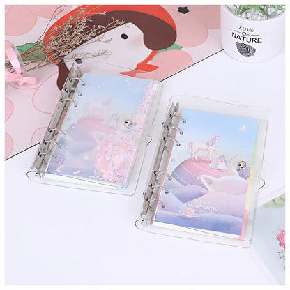 Metal loose leaf binder with PVC cover in blue or pink, showing side storage bag.