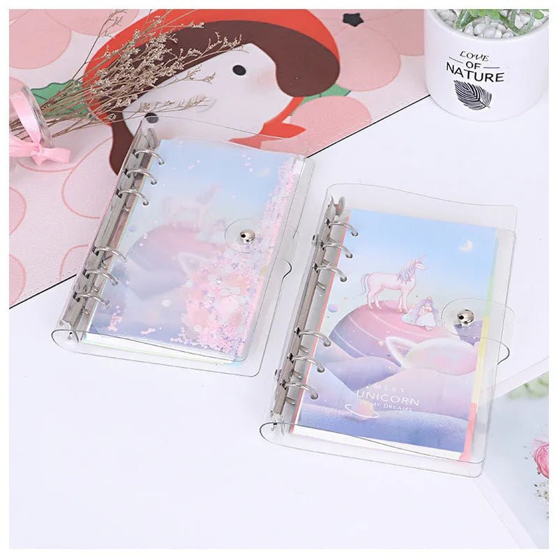 Metal binder shell A5 loose leaf notebook with PVC cover in Alice Castle or Alice Planet colour, measuring 125mm x 185mm overall with interior paper size of 96mm x 172mm, includes pull side bag