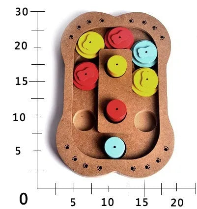 Wooden dog puzzle toy in bone type, paw print, and square styles for feeding and play