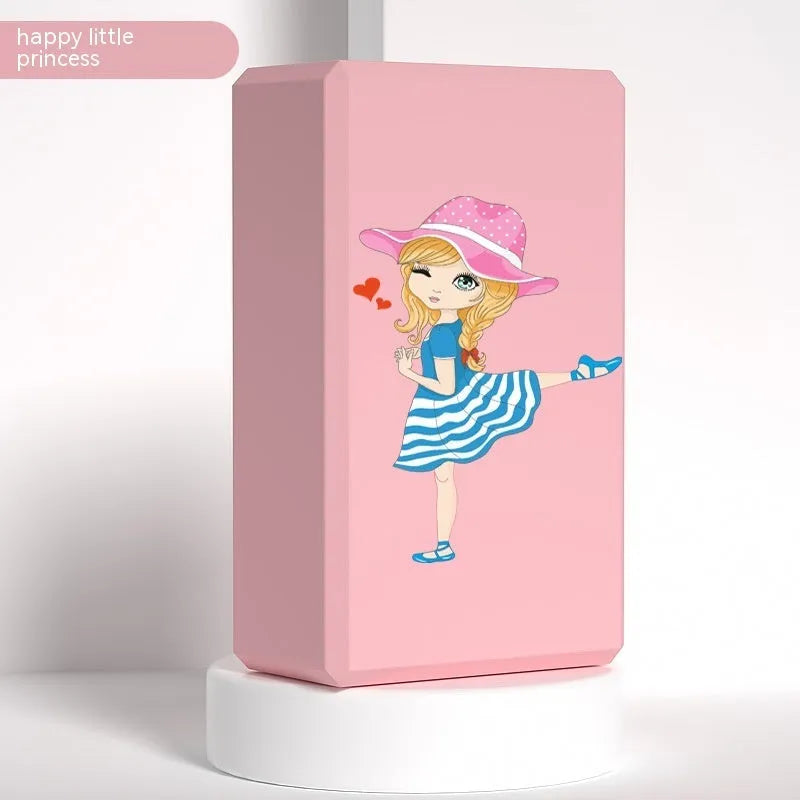 High-density EVA foam yoga block in violet colour, shown next to a pink block with a cartoon bunny print.