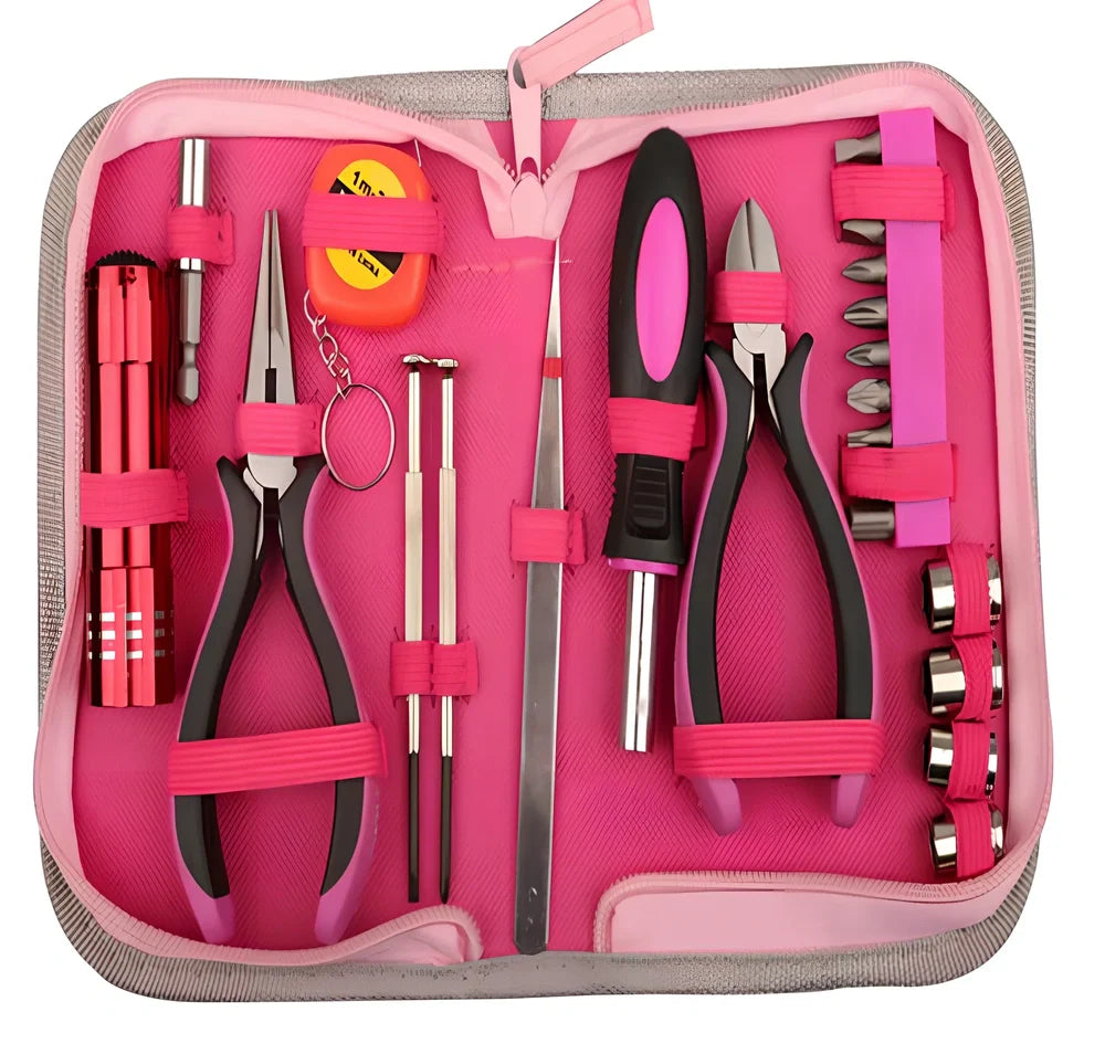 23-piece home repair tool kit in black case with chromium vanadium steel pliers, sockets, flashlight, and screwdrivers, dimensions 173x125x38 mm, 0.5 kg weight