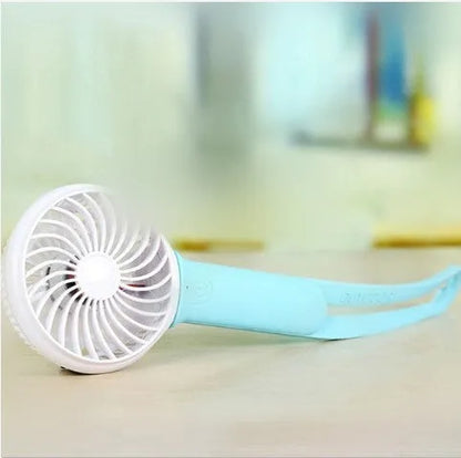 Blue coloured USB rechargeable hand-held fan with LED light, showing 200mm blades and compact size.