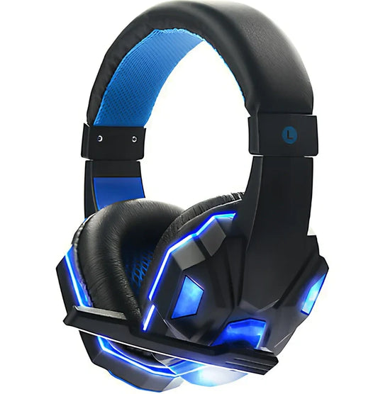 White 3.5mm gaming headset with red LED lights, head-mounted design and microphone for PC gaming