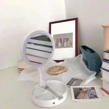 White acrylic vanity mirror with LED lights and USB charging port