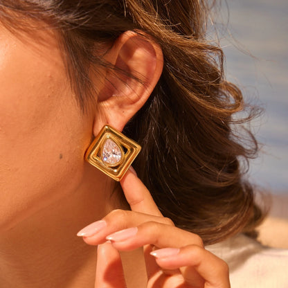 Gold geometric stud earrings with water drop zircon stones on stainless steel