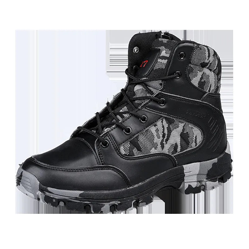 Men's black and camouflage high-top hiking shoes with metal details on artificial PU upper.