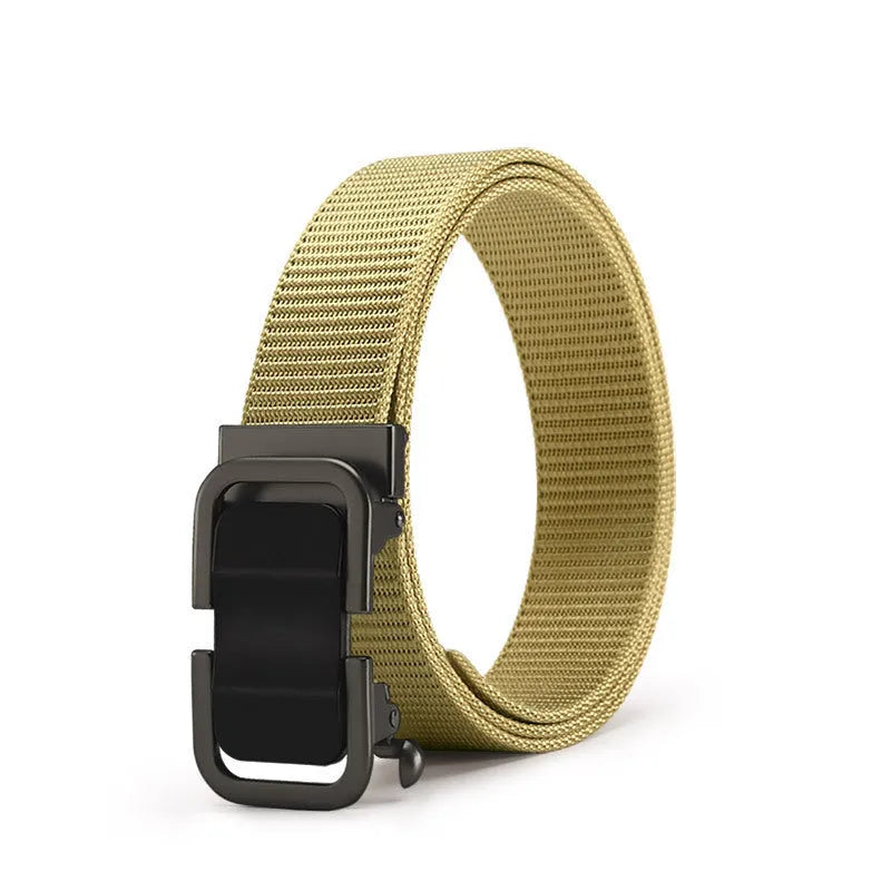 Men's toothless nylon canvas belt with an alloy buckle shown in Army Green colour, length 120cm.