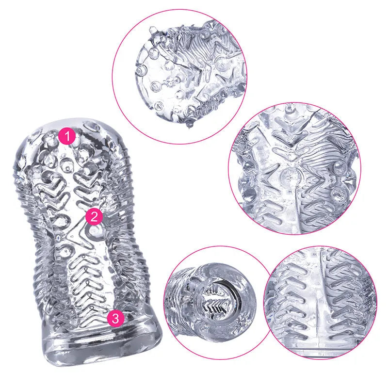 Transparent TPE male enhancement exerciser with turtle head design and seven vibration settings