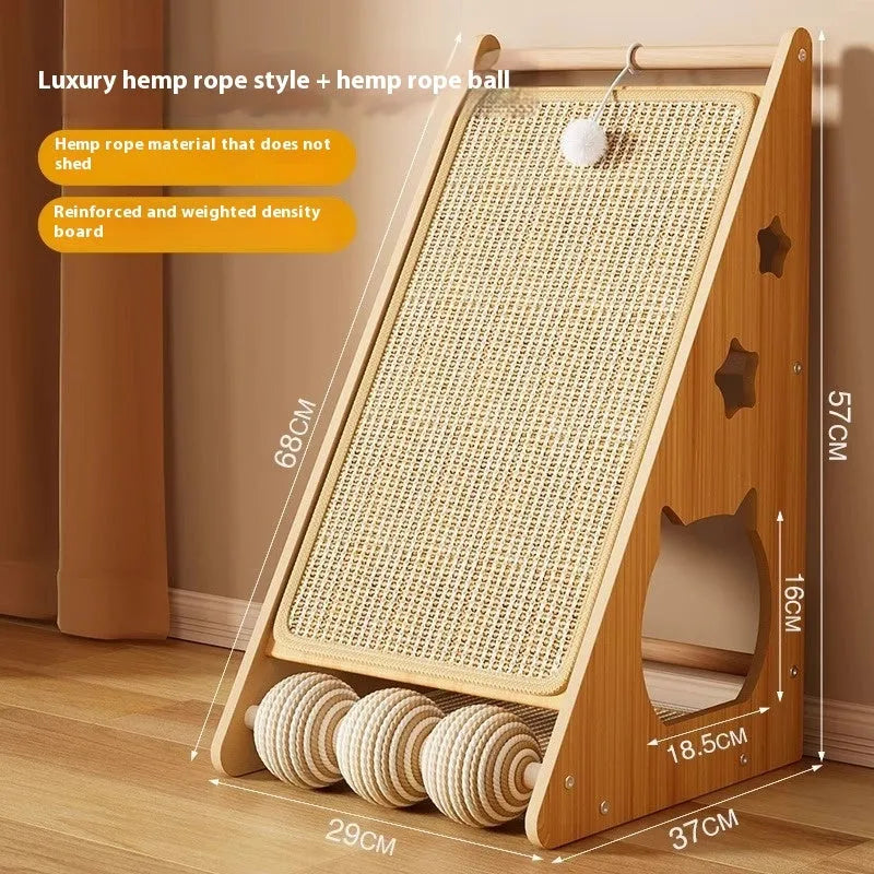 Vertical wall-mounted cat scratch board with sisal surface and hemp rope-covered teasing ball