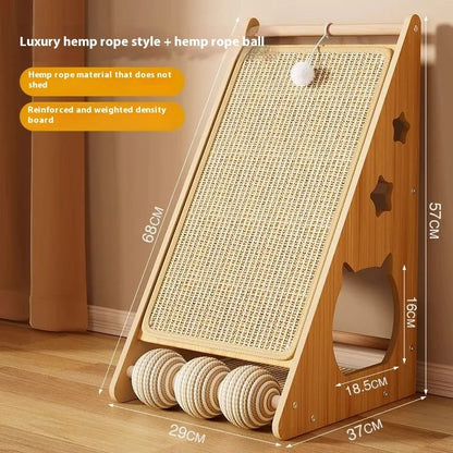 Vertical wall-mounted cat scratch board with sisal surface and hemp rope-covered teasing ball