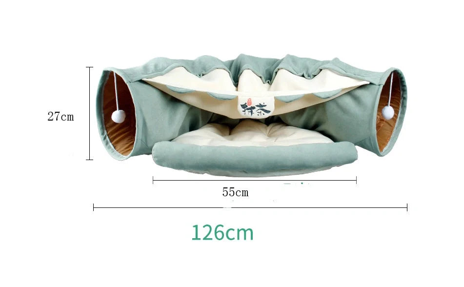 Collapsible cat tunnel with mat for play and rest, available in multiple colours
