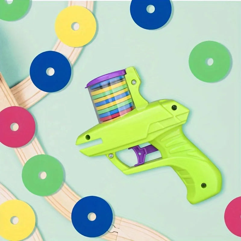 Green and purple durable plastic cat toy launcher for foam disc play without batteries