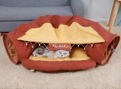 Collapsible cat tunnel with mat for play and rest, available in multiple colours