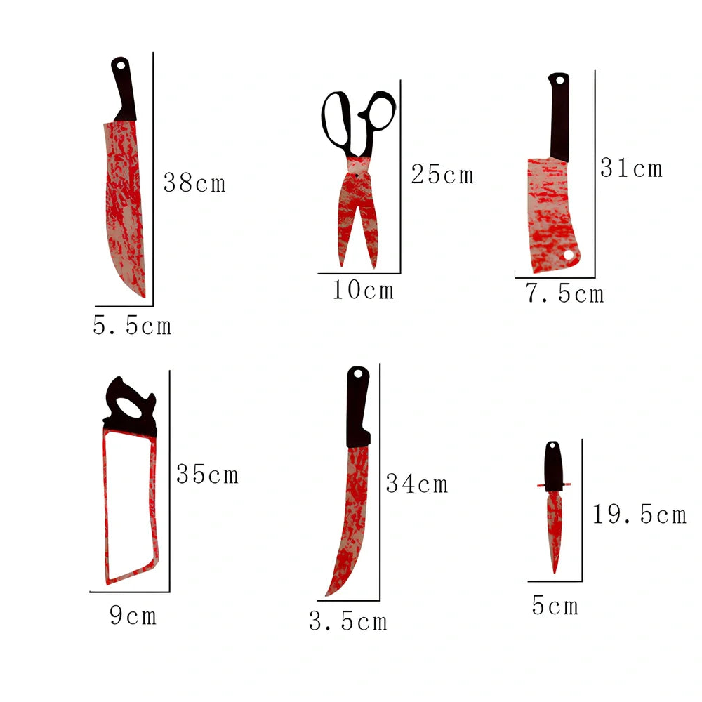 Halloween blood knife decoration set with 12 weapon props on 2.2 metre string