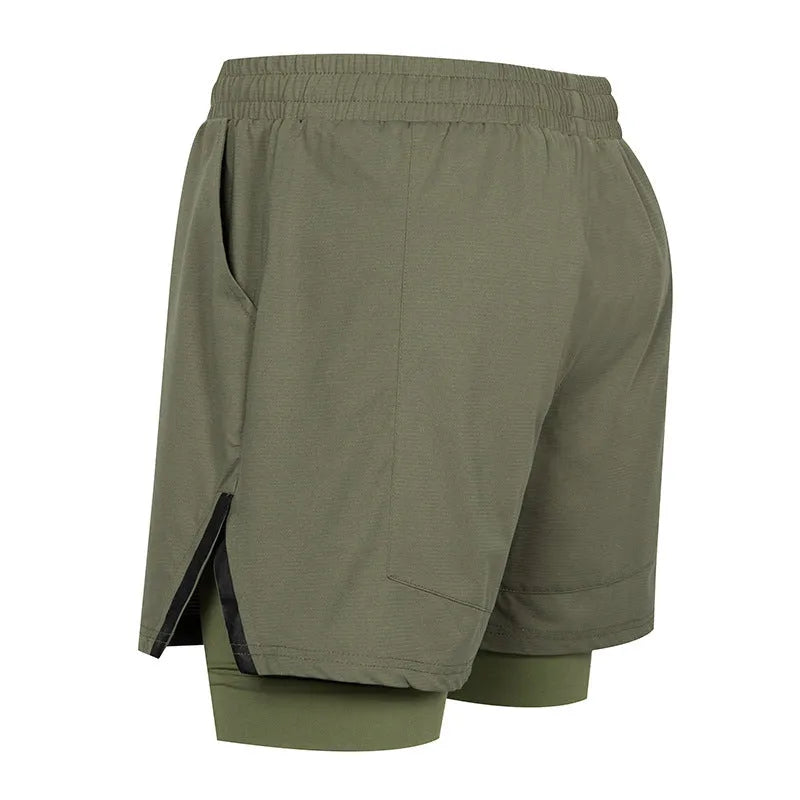 Men's small plaid quick-dry sports shorts in polyester, shown in multiple colours including army green and fluorescent yellow.