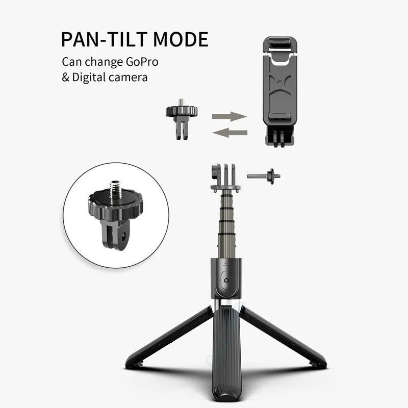 Black extendable iPhone tripod selfie stick with legs unfolded, shown at mid-height on a table.