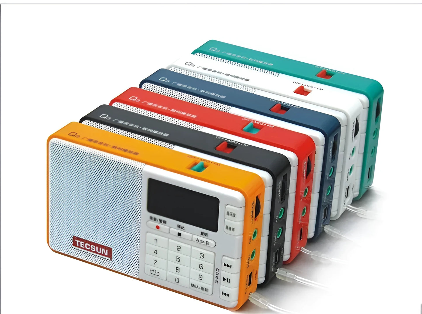Tecsun Q3 portable digital audio player and FM broadcast recorder in multiple colour options.