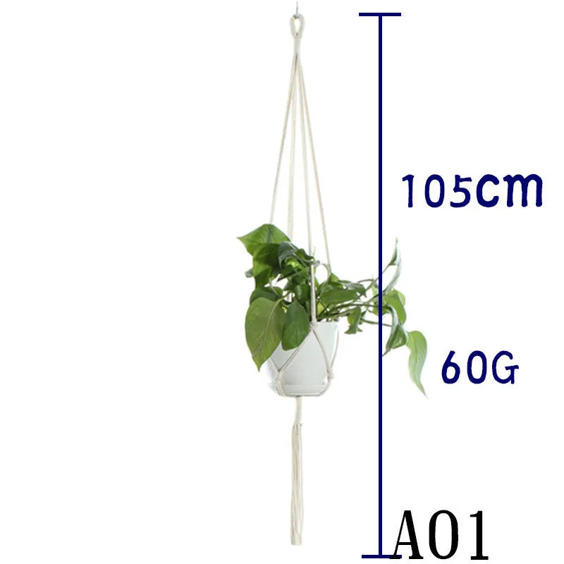 Handmade beige cotton rope net bag holding a plant pot, showing its textured sling design.