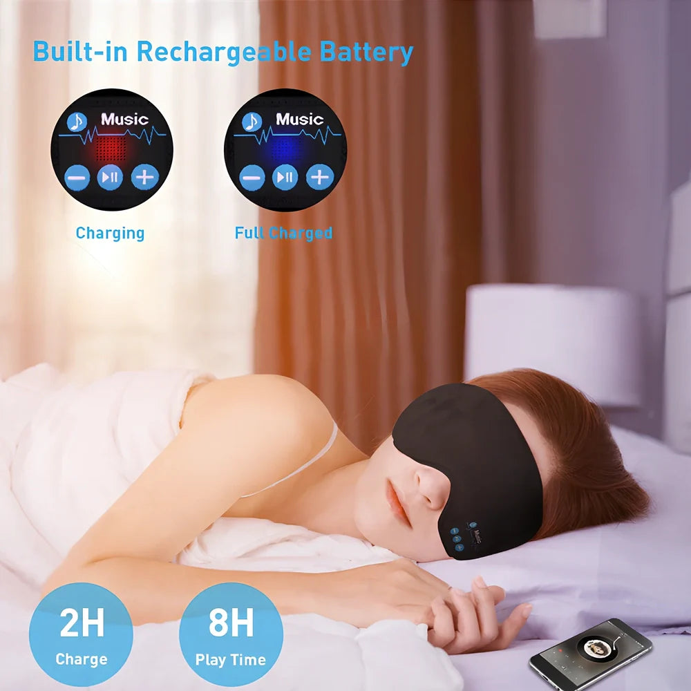 Black Bluetooth eye mask with memory foam padding and adjustable headband for light blocking and audio