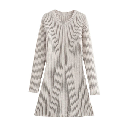 Stylish ribbed knitted dress for women in slim fit with stand-up collar, perfect for winter