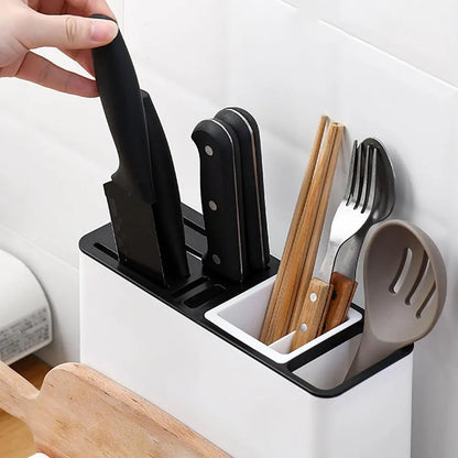 White plastic kitchen knife storage rack with integrated shelves and grid compartments