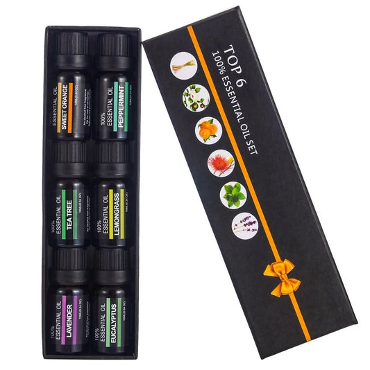 Six 10ml natural essential oil bottles in orange, lavender, tea tree, mint, eucalyptus, lemongrass for aromatherapy diffusers